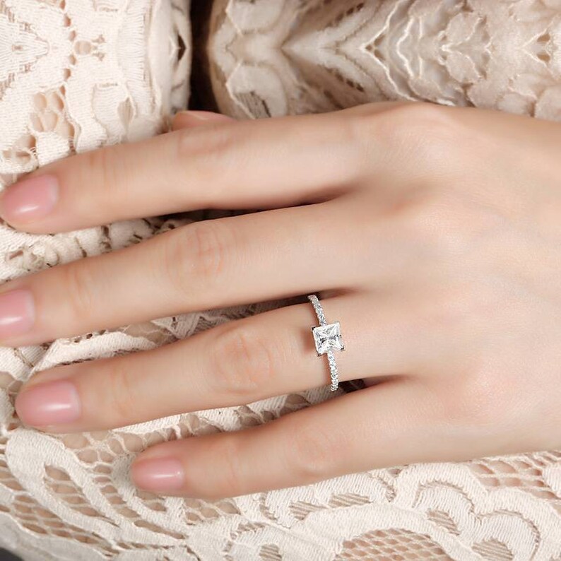 Princess Cut Moissanite Diamond Engagement Ring Half Eternity Moissanite Promise Ring Handmade Ring For Gifts Gold Dainty Rings