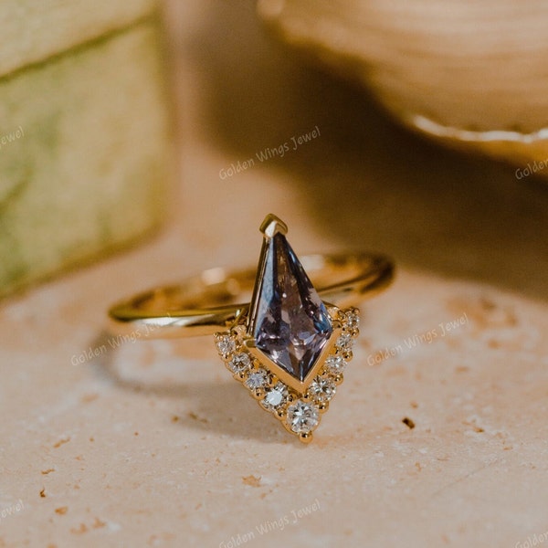 Kite shape purple sapphire diamond engagement ring, Half bezel Set kite shape diamond ring for her with side round moissanite ring for her