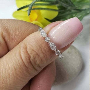 Marquise and round Moissanite white gold engagement wedding ring band round cut half eternity dainty matching ring for band, marquise ring