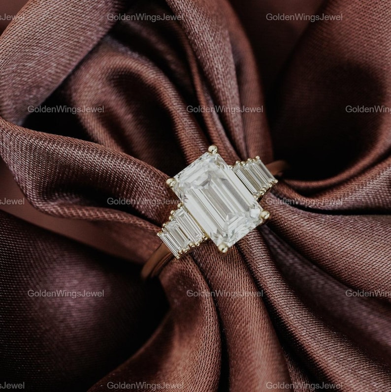 2.50 CT Emerald Cut Moissanite Diamond Ring With Baguette Side Stone ...