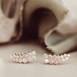 Round Moissanite Diamond Cluster Ear Climber Earring, Starburst Two Row Diamond Climber Earrings, Tiny Diamond Stud Earrings, Dainty Jewelry