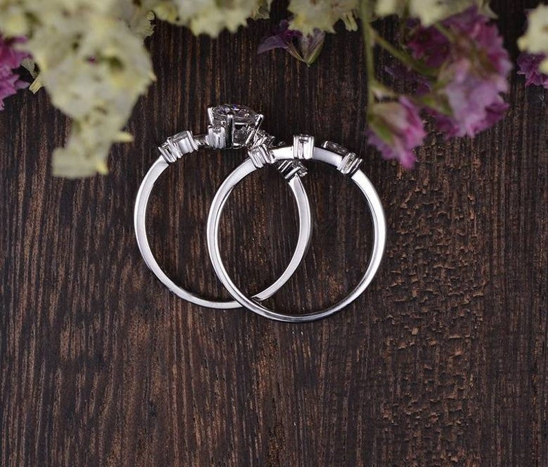 Flower White Gold Bridal Set 2pcs Vine Marquise Leafy Engagement Ring Unique Wedding Stacking Asymmetric Vintage Ring Chevron Matching Band