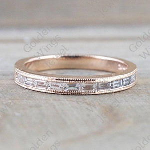 14k Gold Baguette Wedding Band, Half Eternity Ring, Stackable Moissanite Ring, Solid Gold Engagement Jewelry, Baguette Moissanite Band