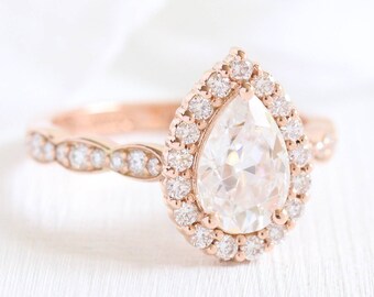 Pear Moissanite diamond engagement ring with halo and side round moissanite diamond engagement ring, pear moissanite ring, Pear diamond ring