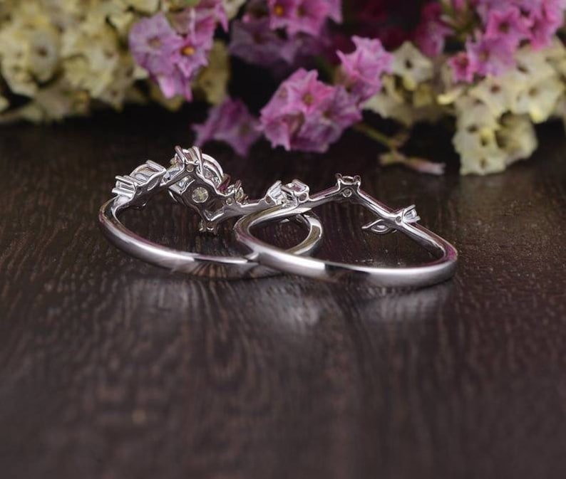 Flower White Gold Bridal Set 2pcs Vine Marquise Leafy Engagement Ring Unique Wedding Stacking Asymmetric Vintage Ring Chevron Matching Band