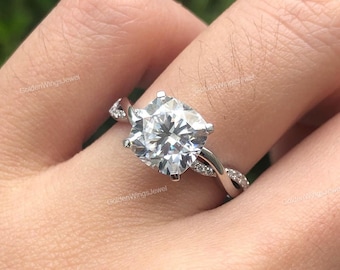 8MM Cushion Cut Moissanite Ring, Twisted Diamond Shank, Wedding Anniversary Gift