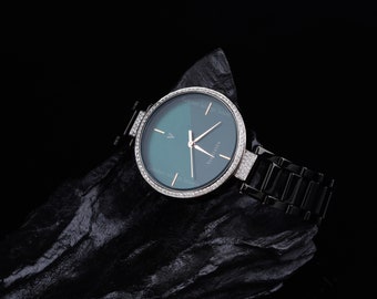 Orologio per lei Orologio con borchie ghiacciato Van Heusen Diamond, orologio con quadrante verde per lei, orologio con diamanti VVS, orologio ghiacciato Moissanite regalo per lei