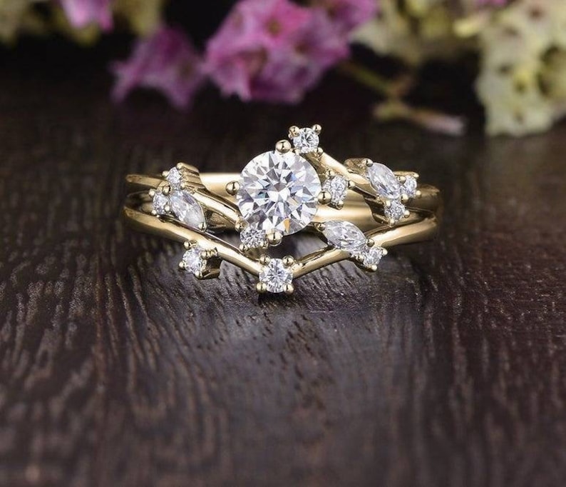 Flower White Gold Bridal Set 2pcs Vine Marquise Leafy Engagement Ring Unique Wedding Stacking Asymmetric Vintage Ring Chevron Matching Band