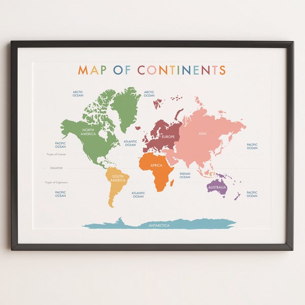Filled Large Continent Map for Classroom || World Map Printable | Continents Oceans of the World | Oceans of the World | Homeschool