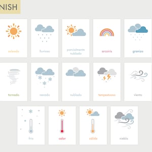 Flashcards météo | Flashcards météo espagnol | Flashcards météo imprimables | Enseignement à la maison en espagnol | Circle time préscolaire Flashcards