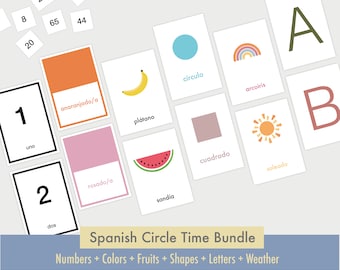 Spanish Circle time flashcard bundle | Shapes | Weather | ABCs | Numbers | Colors | Fruit | Kids spanish  preschool bundle