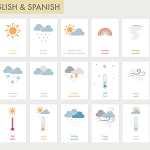 Flashcards météo | Flashcards météo bilingues anglais et espagnol | Flashcards météo imprimables | École à la maison | Temps de cercle