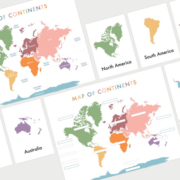 Continents | Geography cards | World Map Printable | Continents Oceans of the World | Oceans of the World | Preschool Printable | Homeschool