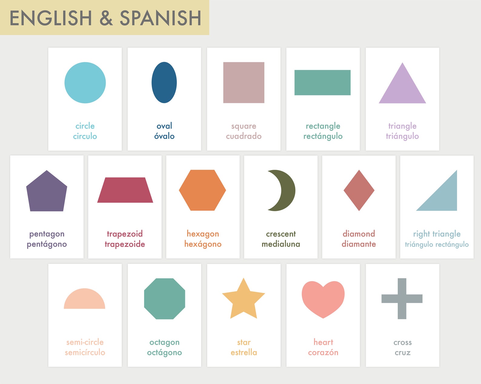 Shapes Bilingual English and Spanish Montessori Flashcards Childcare ...