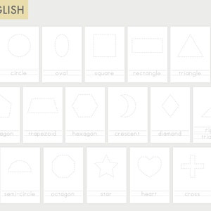 Forma e palavra em inglês rastreáveis | Cartões Montessori | Creche para impressão | Materiais Educacionais Pré-escolares | Formas geométricas