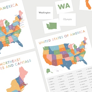 Staaten und Hauptstädte Aktivitätsset | Druckbare USA Homeschool | Karteikarten Bündel | Kinder Geographie | US Bundesstaats- und Hauptstädte