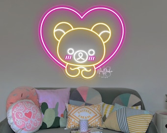 Kawaii Bear Neon Sign, Cute Heart LED Wall Decor, Anime Room Decor, Japanese Aesthetic, Kawaii Bedroom Light, Gift for Her