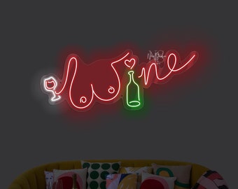 Body Woman Neon Sign with Wine Glass – LED Neon Sign, Woman Boob Line Art Decor