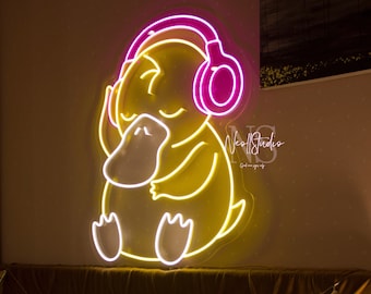 Yellow Psychic Duck Monster with Headphones  LED Neon Sign, Kawaii LED Wall Light, Anime Aesthetic Room Decor , Gamer Room Neon