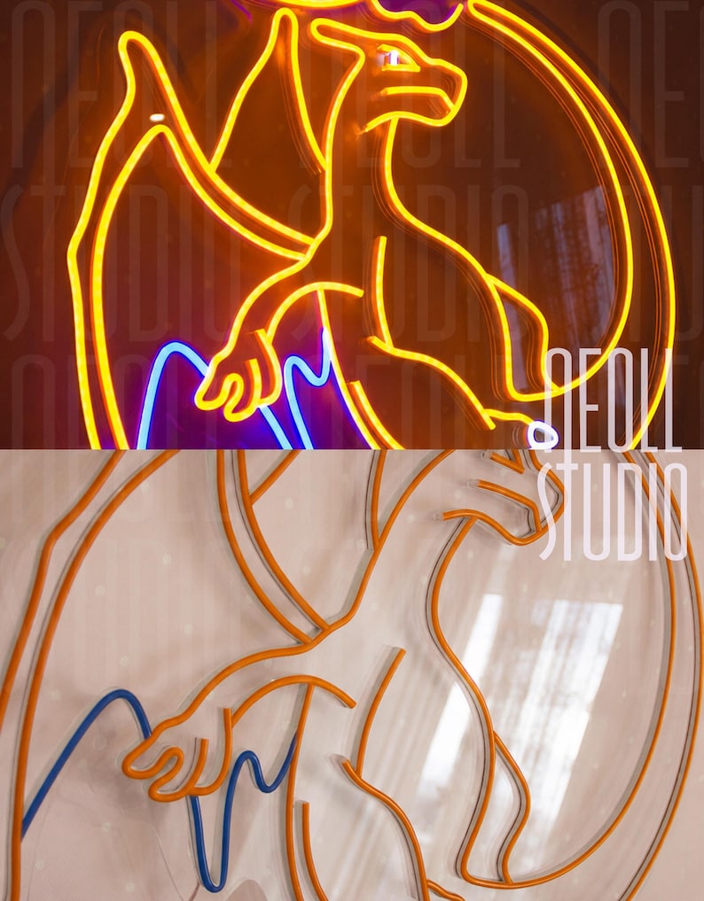 May include: A neon sign featuring a stylized dragon character in bright yellow, orange, and blue tubing. The sign is mounted on a clear acrylic backing and displays the text NEON STUDIO in white lettering on the right side of the design.