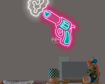 LOVE GUN - LED Neon Sign, Custom Neon, Heart Smoke Neon Light, Anime Wall Art, Gamer Decor