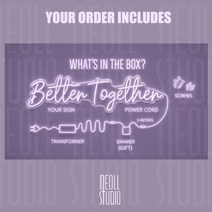 May include: A neon sign display showing the text Better Together with included components: a transformer, a 3-meter power cord, a dimmer, and screws. The graphic outlines the electrical setup for the sign on a purple background with white text.