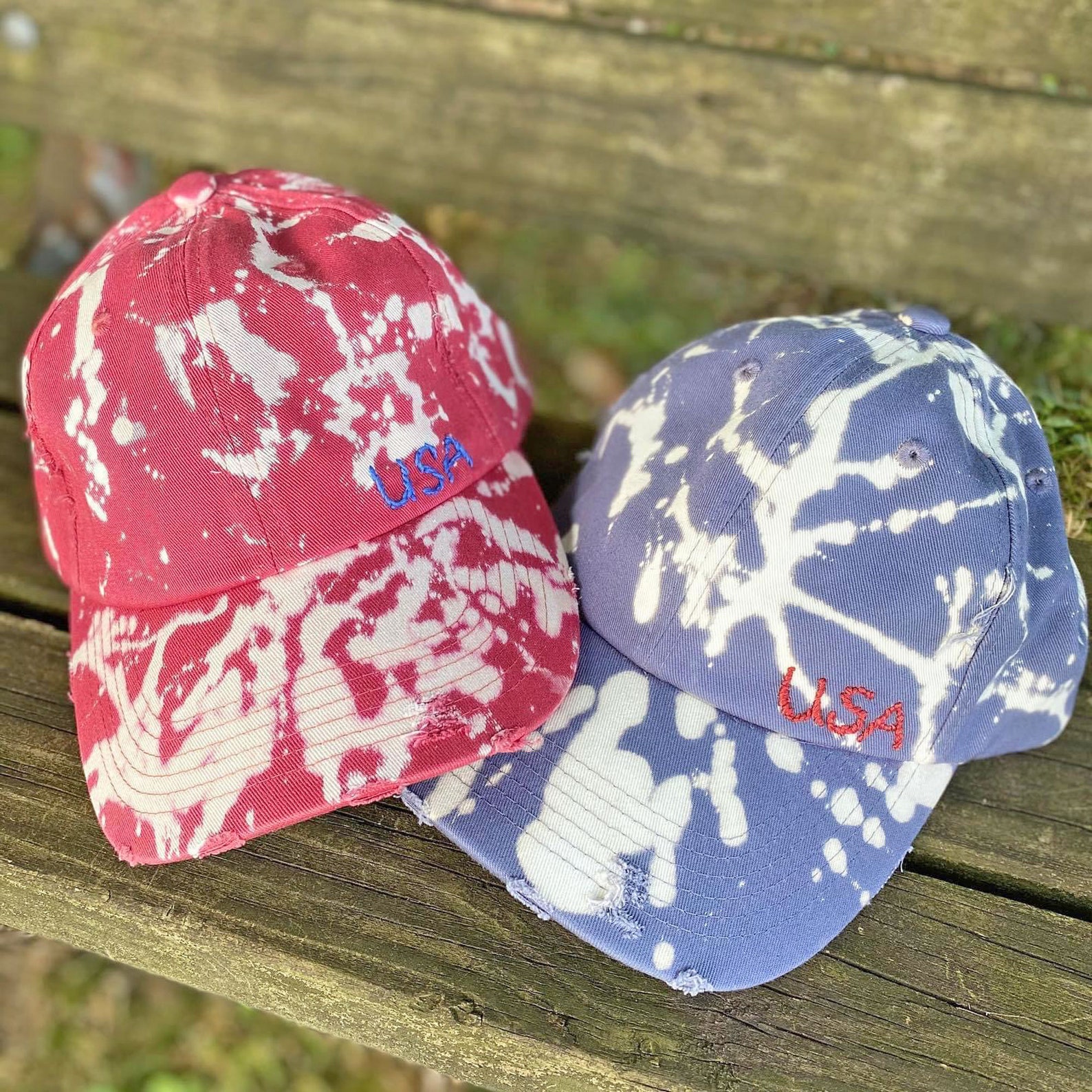 USA Distressed Bleach Dye Hand Embroidered Hat Blue and Red Etsy
