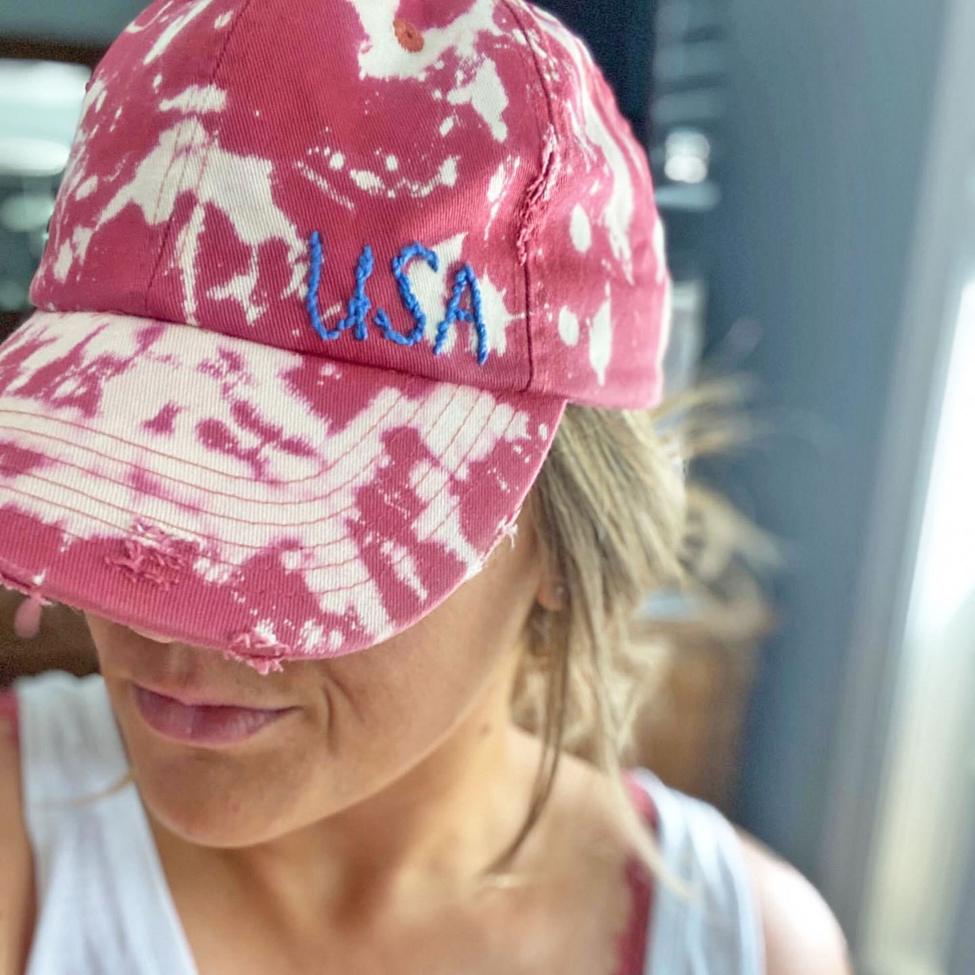 USA Distressed Bleach Dye Hand Embroidered Hat Blue and Red Etsy