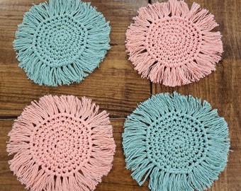 Crochet Coasters, Farmhouse Coasters, Boho Coasters, Handmade Coasters, Macrame, Housewarming Gift, Christmas Gift, Set of Four