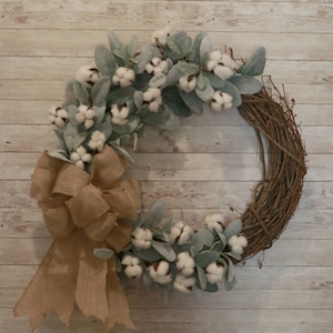 Farmhouse Wreath with Burlap Bow, Lambs Ear & Cotton, Farmhouse Decor, Front Door Wreath, Lambs Ear Wreath, Country Wreath