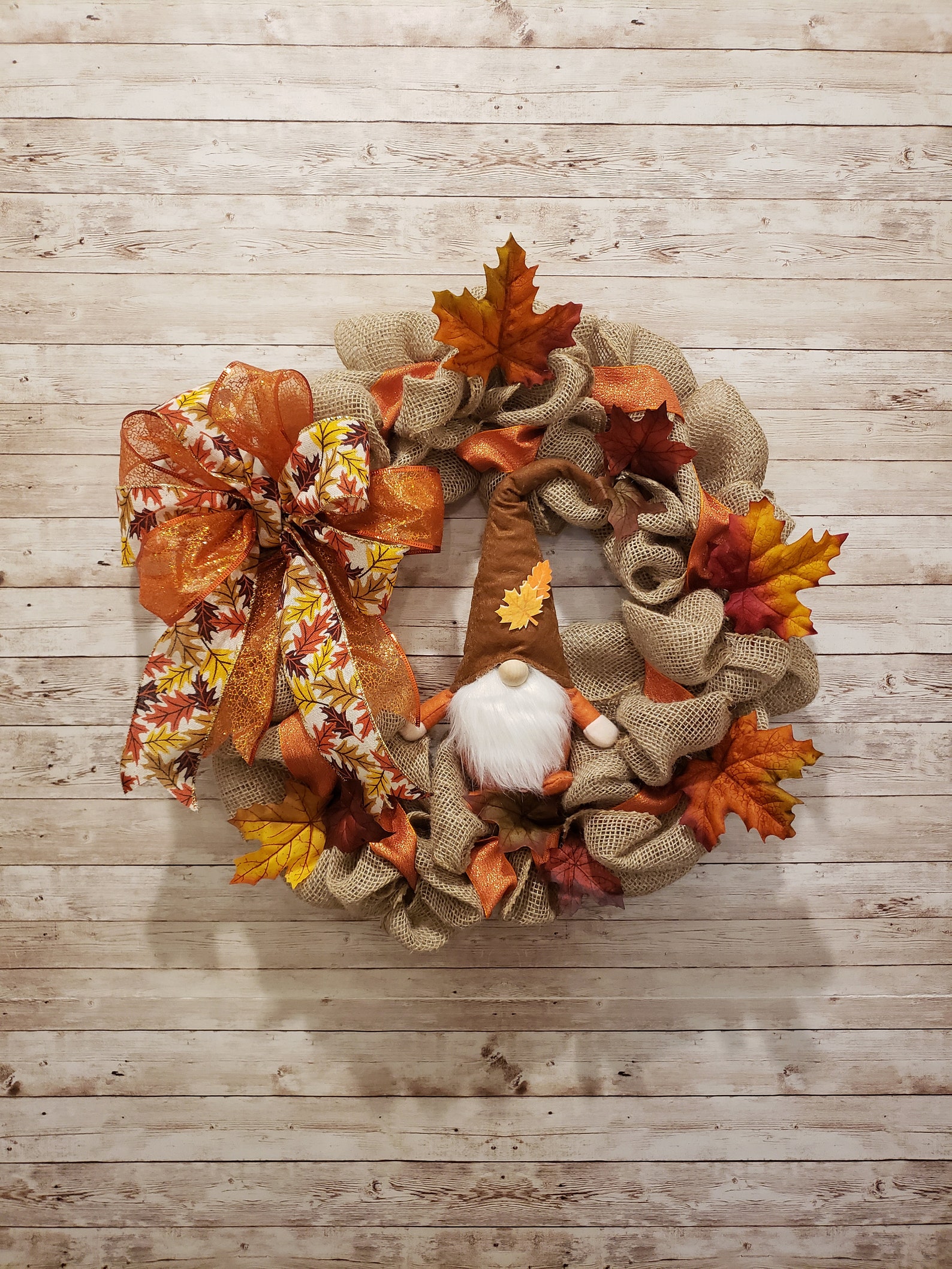 Fall Burlap Wreath With Gnome, Leaves & Bow, Front Door Wreath, Burlap