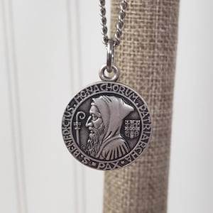 Beautiful French St. Benedict Medal Necklace. 30 in Stainless Steel Continuous Chain. Exorcism Prayer. Blessed. Catholic. Jesus.