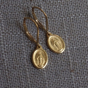 Beautiful Catholic Tiny French 24k Gold Plated Miraculous Medal Earrings. Dainty. Our Lady of Grace. Gold Filled Leverbacks.