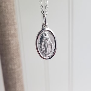 Beautiful Small French Miraculous Medal Necklace. Silver Plated. Our Lady of Grace. Virgin Mary. 18 inch Sterling Silver Chain. Catholic.