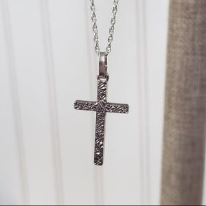 Beautiful French Catholic Small Textured Cross Medal Necklace. 18 inch Sterling Silver Rope Chain. Jesus.
