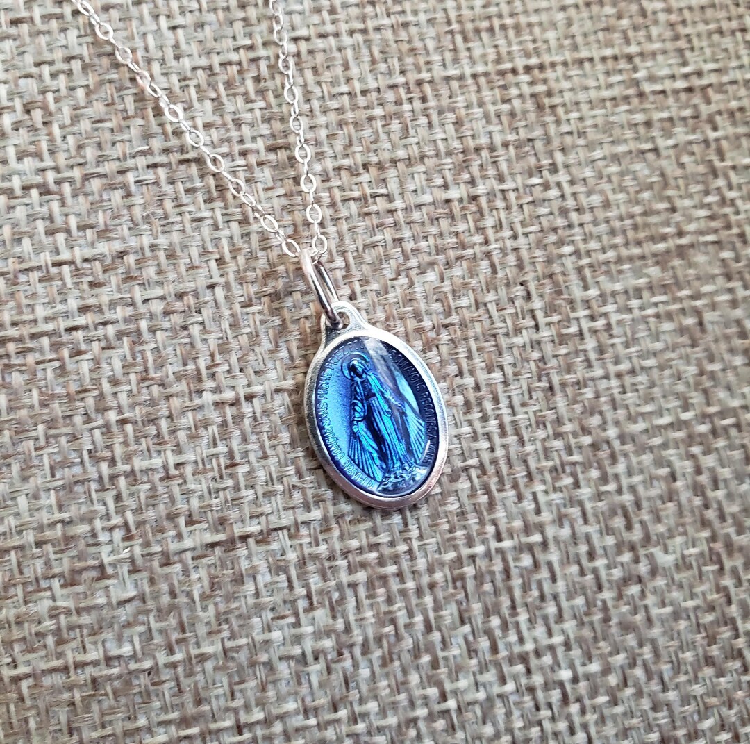 Small French Blue Enamel Silver Plated Miraculous Medal Mary Necklace ...