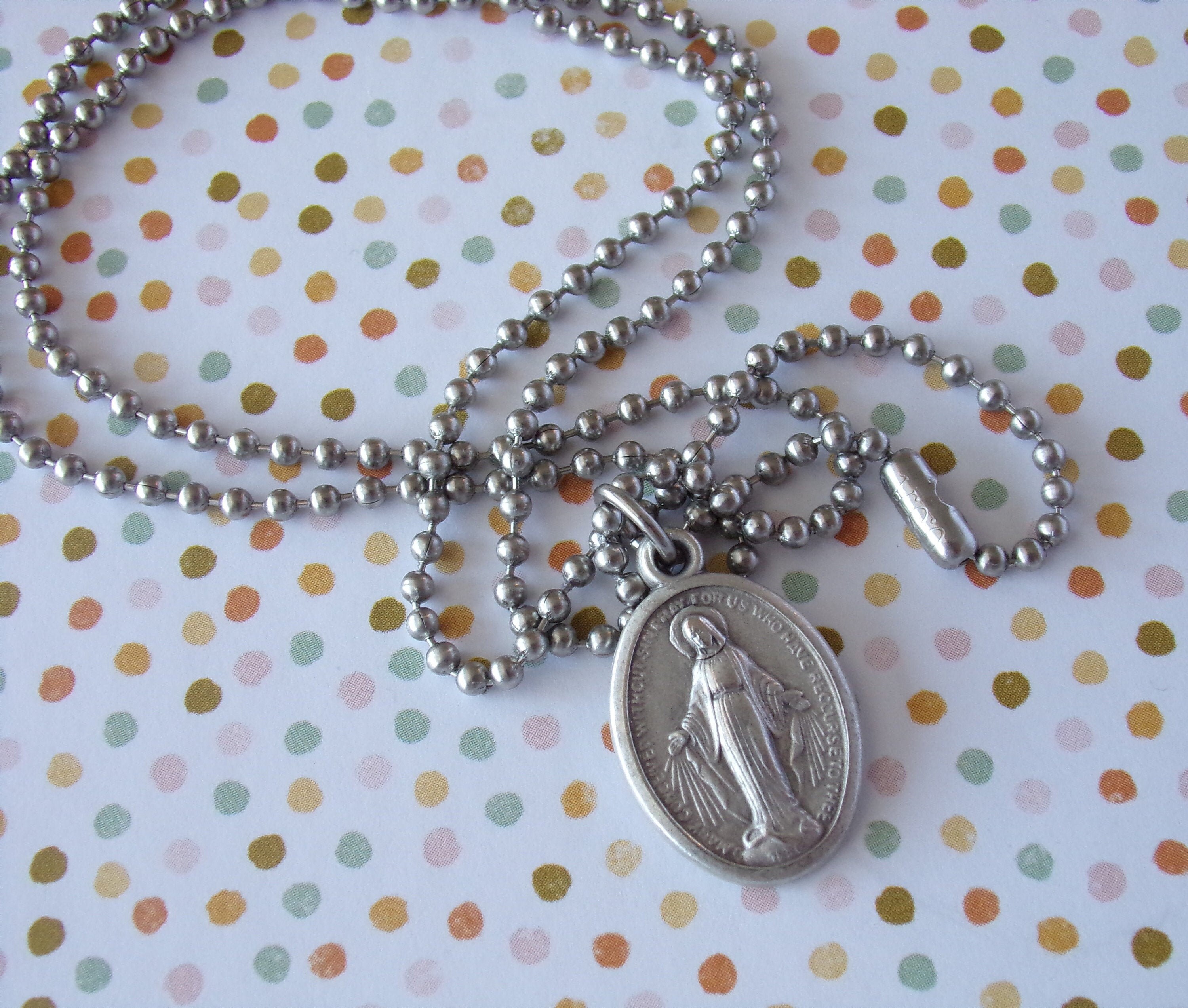Beautiful Catholic Miraculous Medal Necklace. Our Lady of Grace. Religious. Holy Mary. 24 Inch