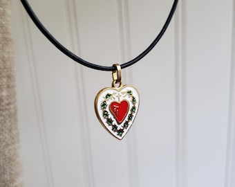 French Sacred Heart Medal Necklace: White Enamel, 18" Black Leather Cord