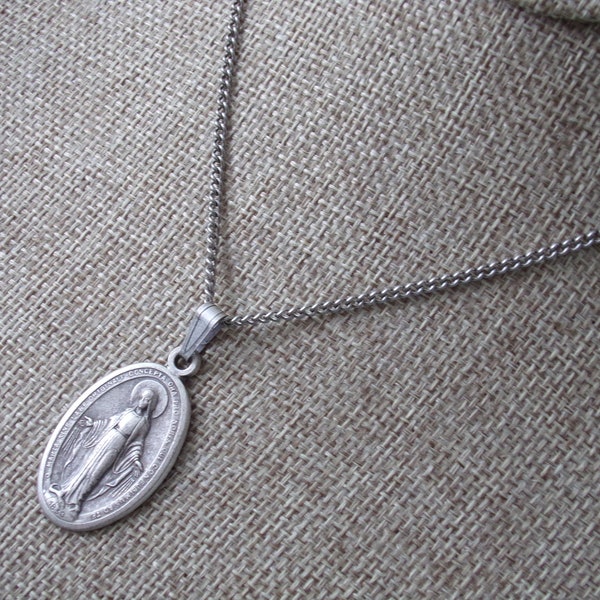 Beautiful Catholic Large Miraculous Medal Necklace. Our Lady of Grace. Religious. Latin. 30 in Oxidized metal chain. Endless. No Clasp.