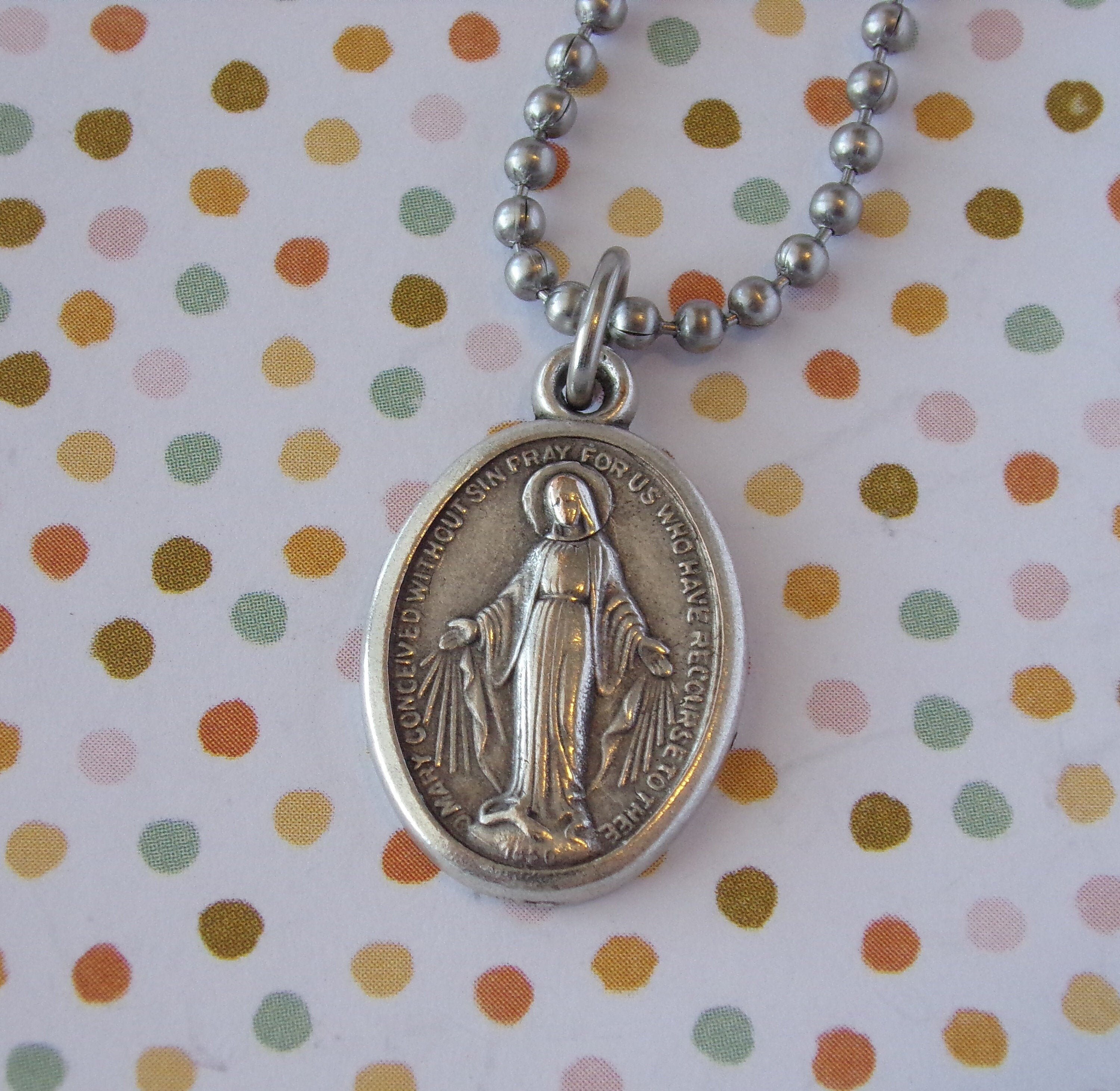 Beautiful Catholic Miraculous Medal Necklace. Our Lady of Grace. Religious. Holy Mary. 24 Inch