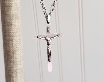 Antiqued Silver Plated Crucifix Cross Medal Necklace, 20" Toggle Clasp
