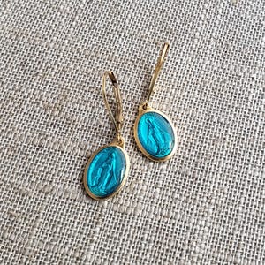 Beautiful Little French Gold Plated Turquoise Enamel Miraculous Medal Earrings. Our Lady of Grace. Gold Filled Leverbacks. Catholic.