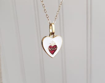 Little French Enamel Jesus Sacred Heart Necklace, 18" Gold Filled Chain