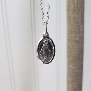 Beautiful Small French Miraculous Medal Necklace. Silver Plated. Our Lady of Grace. Virgin Mary. 18 inch Sterling Silver Chain. Catholic.