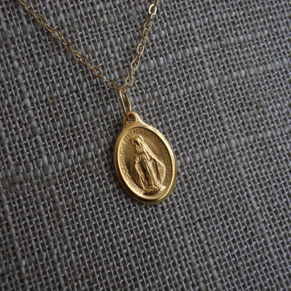 Beautiful Catholic Tiny French 24k Gold Plated Miraculous Medal Necklace. Our Lady of Grace. Mary. 18 inch Gold Filled Chain.