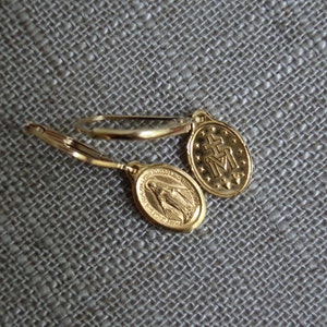 Beautiful Catholic Tiny French 24k Gold Plated Miraculous Medal Earrings. Dainty. Our Lady of Grace. Gold Filled Leverbacks.