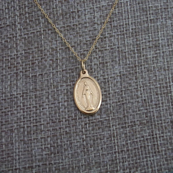 Beautiful Catholic Small French 24k Gold Plated Miraculous Medal Necklace. Our Lady of Grace. Mary. 18 inch Gold Filled Chain.