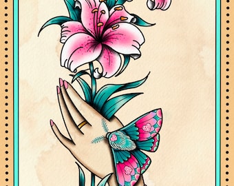 Traditional Victorian Hand With Lillies and Moth Tattoo Flash - Etsy