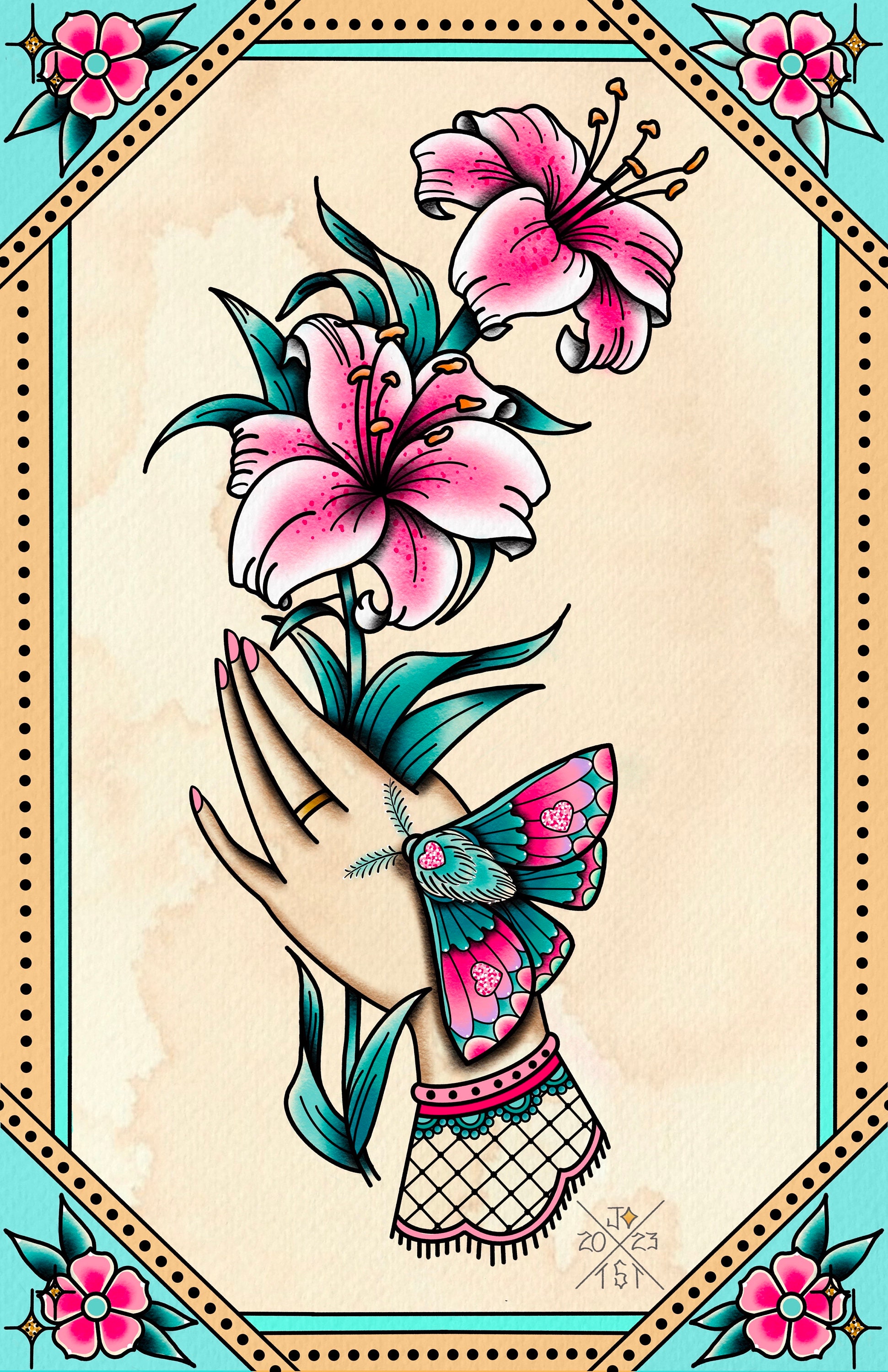 Traditional Victorian Hand With Lillies and Moth Tattoo Flash