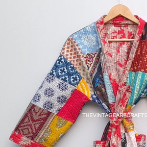 Kantha Quilted patchwork Short Kimono Jacket Front Open Boho Vintage Blue Color Hand Quilt Women Wear